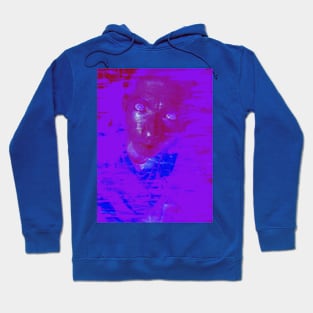 Portrait, digital collage and special processing. Man looking on us. Eyes. Smudged shapes. Violet. Hoodie